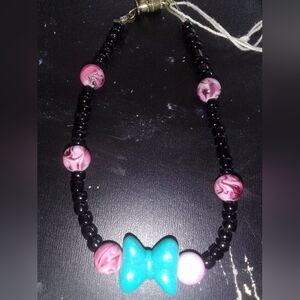 Handmade Pink & Black Beaded Necklace with Turquoise Accent - Unknown Brand